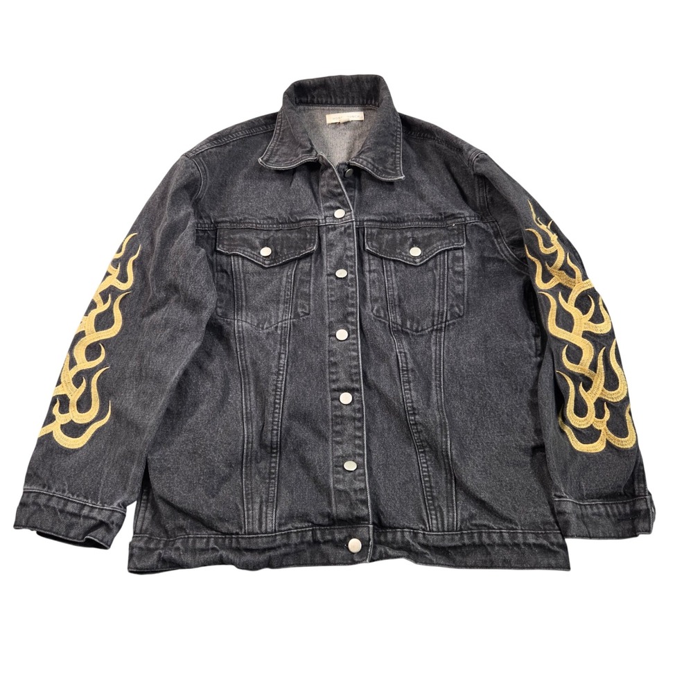 Honey Punch Denim Jacket Womens Small Black Flame Embroidered Sleeves